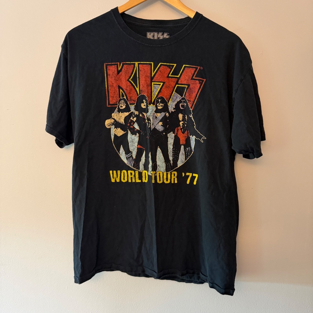 KISS World Tour 77 Graphic T-Shirt Mens Large Black Cotton Band Tee Rock Music